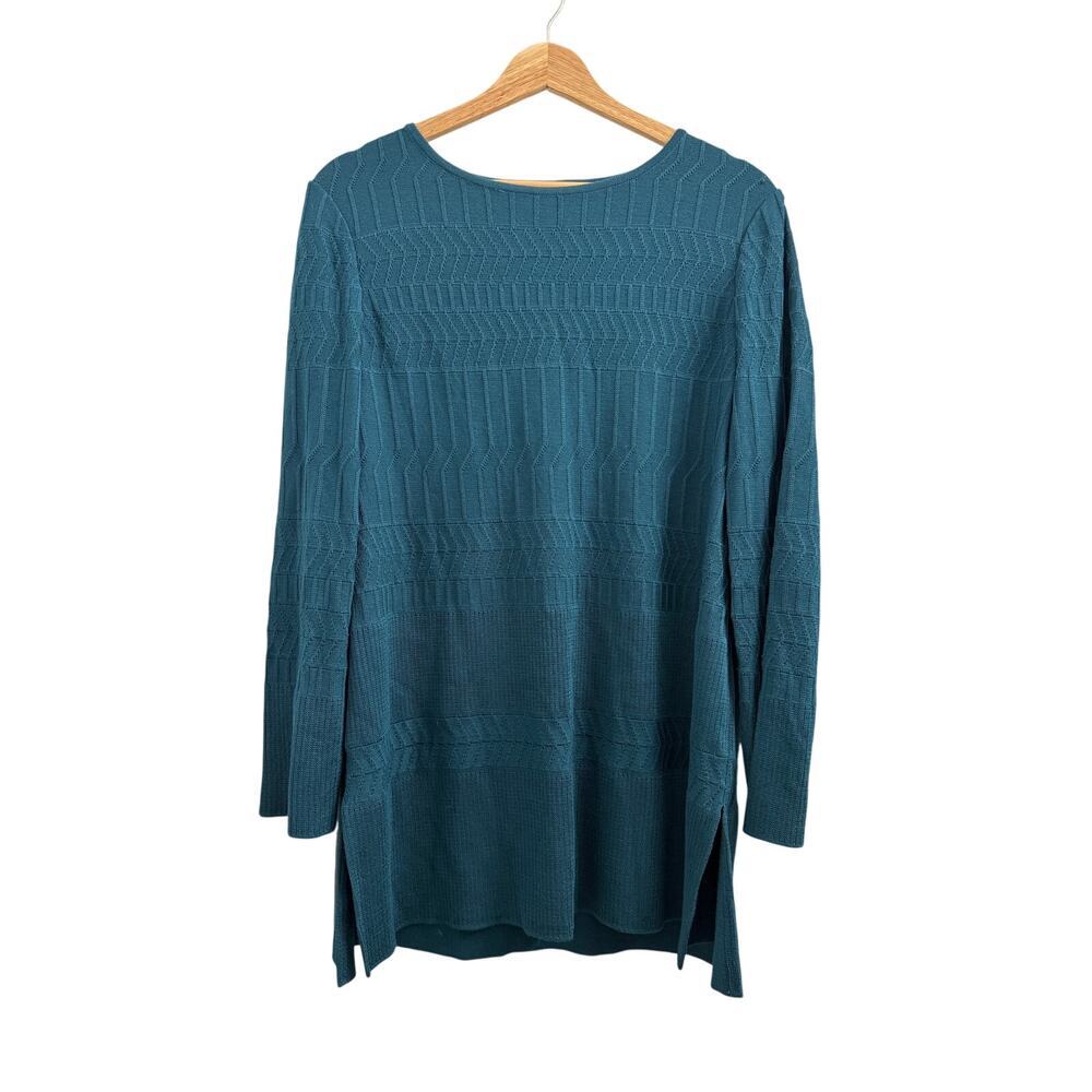Misook‎ Dark Teal Long Sleeve Tunic Split Hem Knit Sweater size Small
